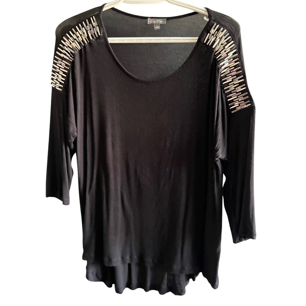 Lily Rose Womens Black Beaded Shoulder Scoop Neck 3/4 Sleeve High Low Blouse L